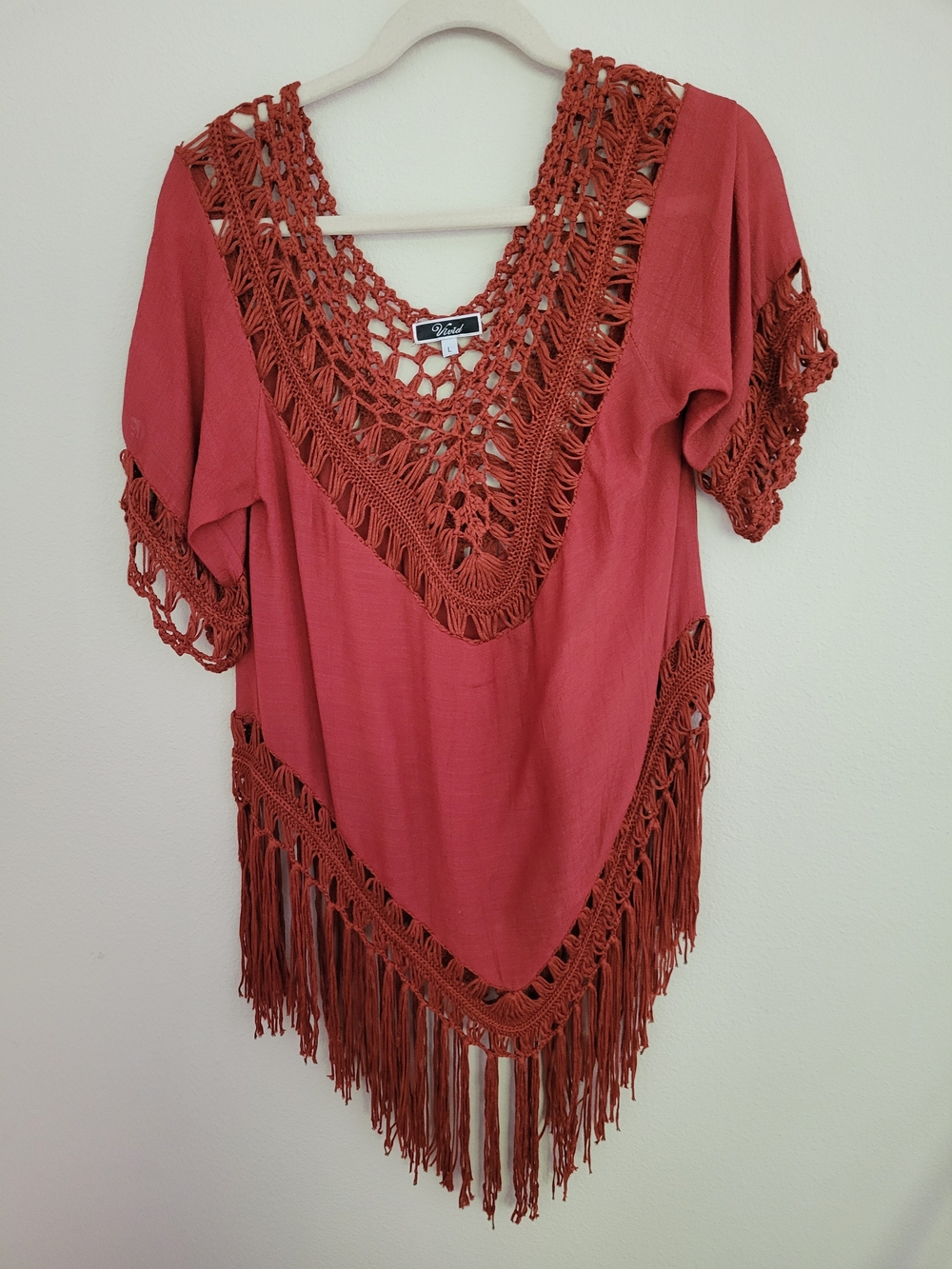 Boho Crochet Fringe Short Sleeve Top - Rust